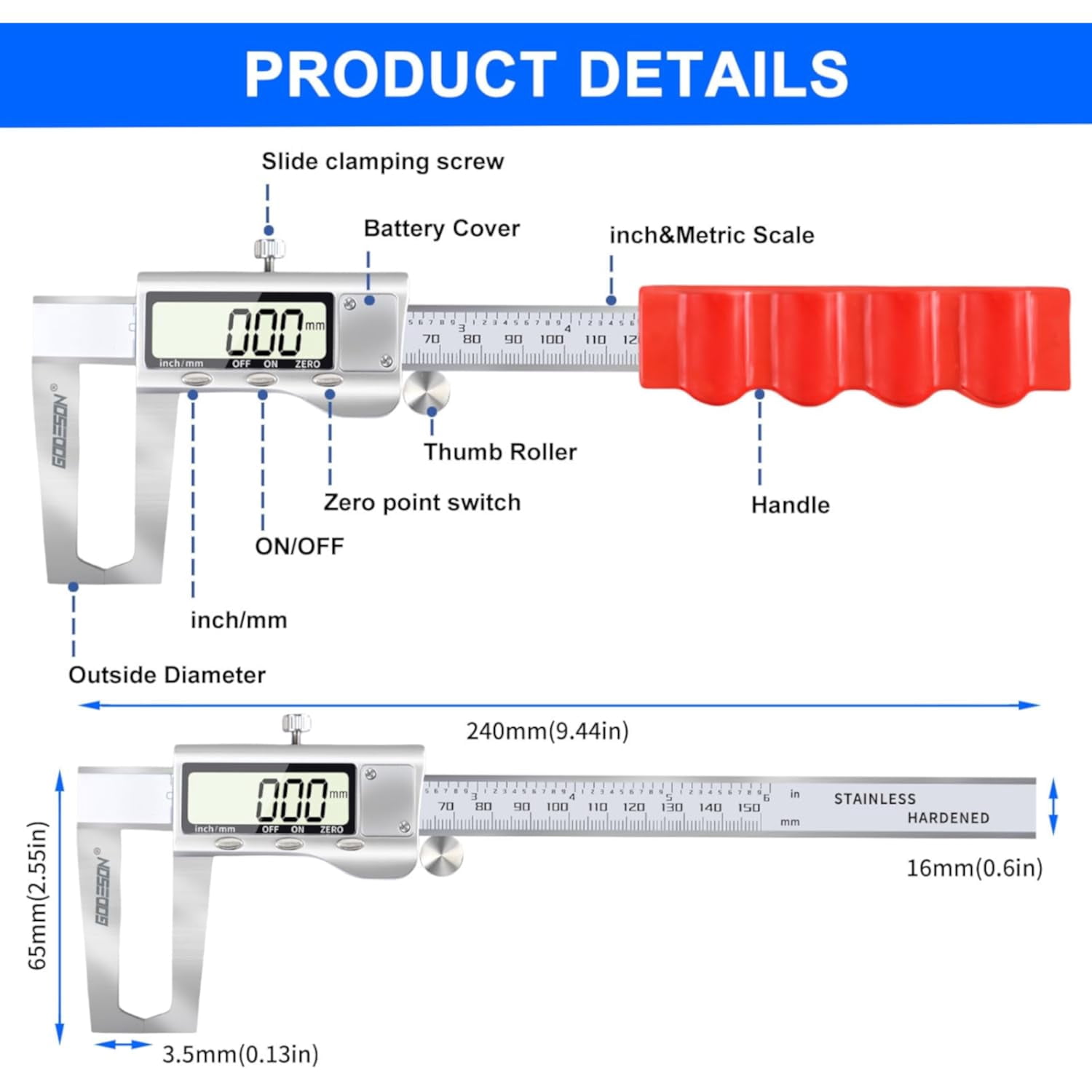 GODESON Disc Brake Rotor Micrometer,Digital Caliper Measuring Tool for Disc Brake-6 Inch/150mm,Brake Measuring Tool wtih Caliper- Inch/Metric Conversion, Brake Caliper with Stainless Steel