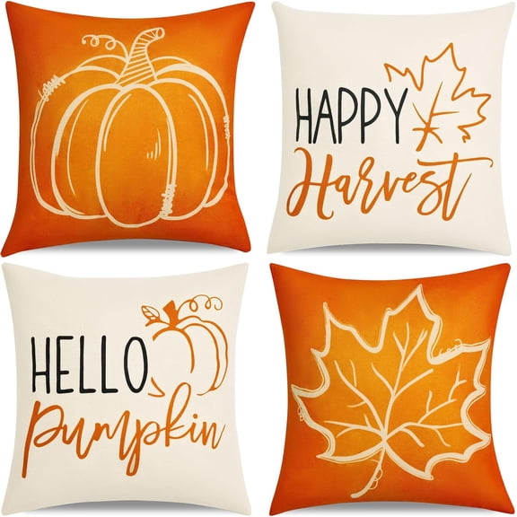 Fall Decor-Throw Pillow Covers 18x18in Set of 4,Pumpkin Linen Pillow Case for Thanksgiving Couch Autumn Holiday Home Outdoor Burnt Orange White Decorations