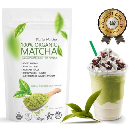 Tea Stain Energy Bowl (Starter Matcha (16oz) - USDA Organic, Kosher & Non-GMO Certified, Vegan and Gluten-Free. Pure Matcha Green Tea Powder. Natural Energy Booster and Fat)