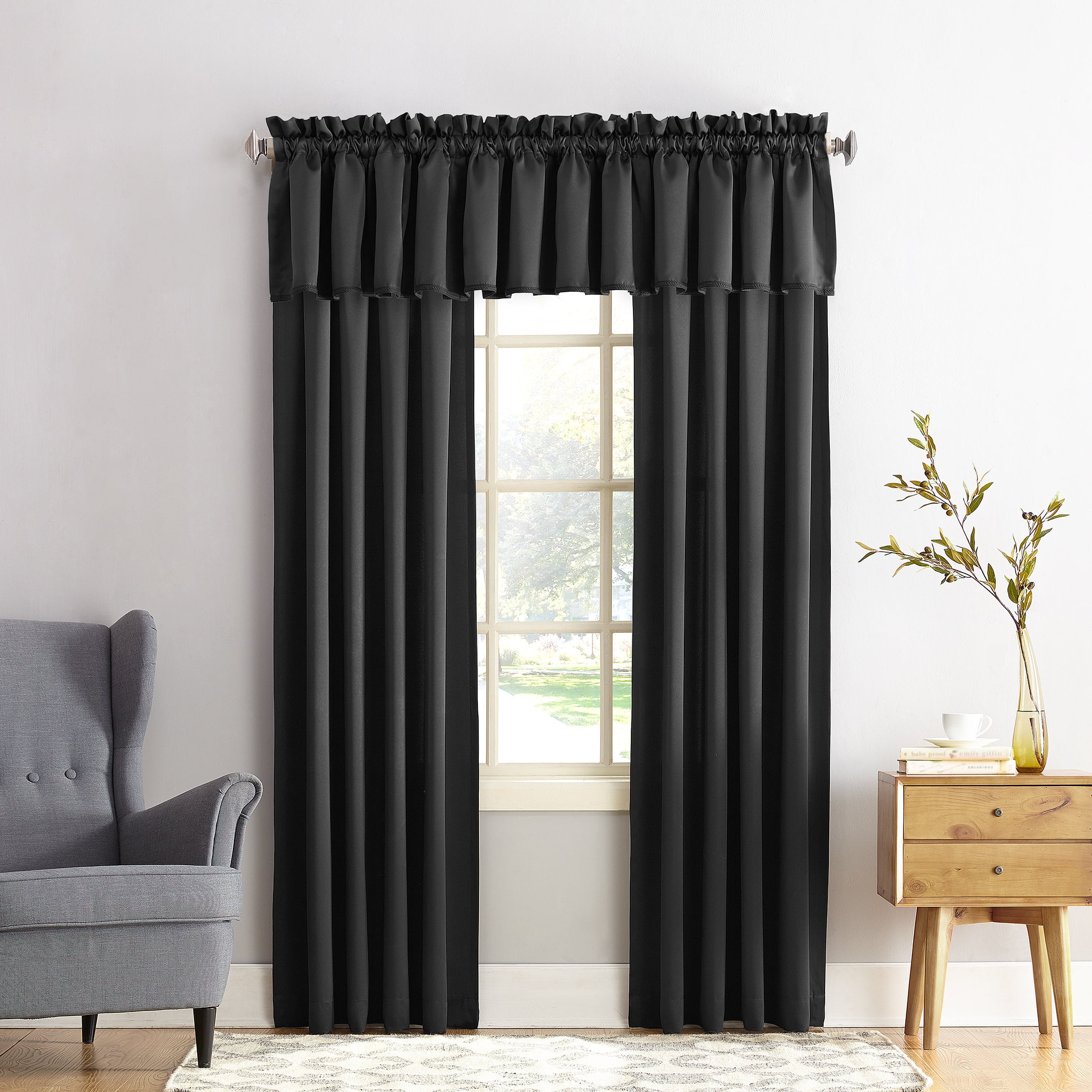 Sun Zero Kylee Energy Efficient Room Darkening Rod Pocket Curtain Panel, 54" X 108", Black