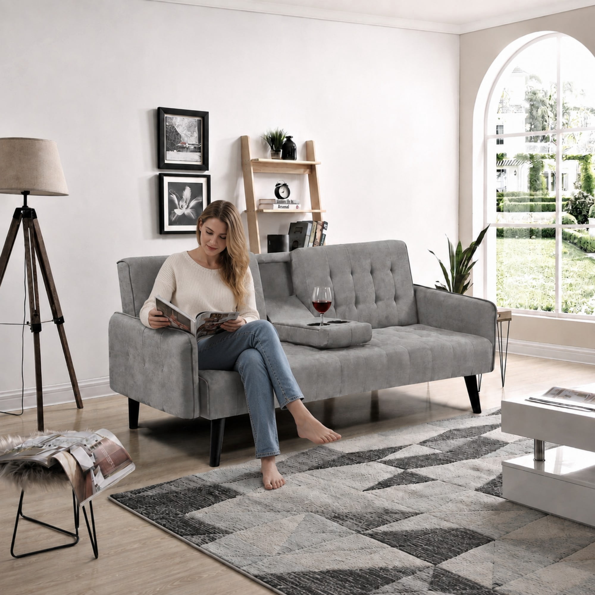 BSHTI 72" Linen Sleeper Sofa Bed with Folding Backrest,Adjustable Back, Drop-Down Table with Cup Holder for Living Room（Light Gray）