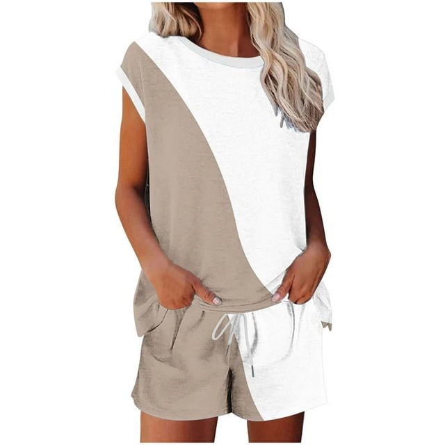 Conjunto de Pantalones de Cuello Redondo Y Cordón de Manga Corta Impresa para Mujeres Conjunto de Poliéster, Desgaste Casual sin Posicionamiento para Mujeres