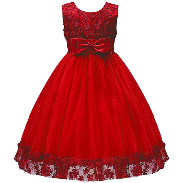IBTOM CASTLE Grande Petite Fille Robe de Bal Dentelle Robe de Demoiselle d'Honneur pour Mariage Rouge 9-10 Ans