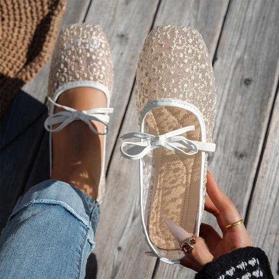 Bkhluea Women Lace Bow Mary Jane Flats Slip On Comfortable Footwear For Office Work Party Daily Casual Outdoor Activities