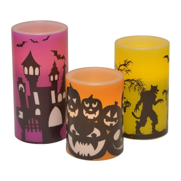 Mark Feldstein & Associates Halloween Haunted House Silhouette Flameless LED Wax Candle Pillars, 3 Piece Set, 6 Inch