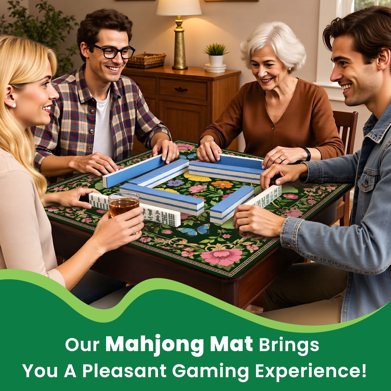 Mahjong Mat 31.5" x 31.5" Botanical Vibrant Green Leaves Flowers Butterflies Non-Slip Noise Reduction Mahjong Tiles Table Cover for Dominoes Poker Card Board and Tile Games