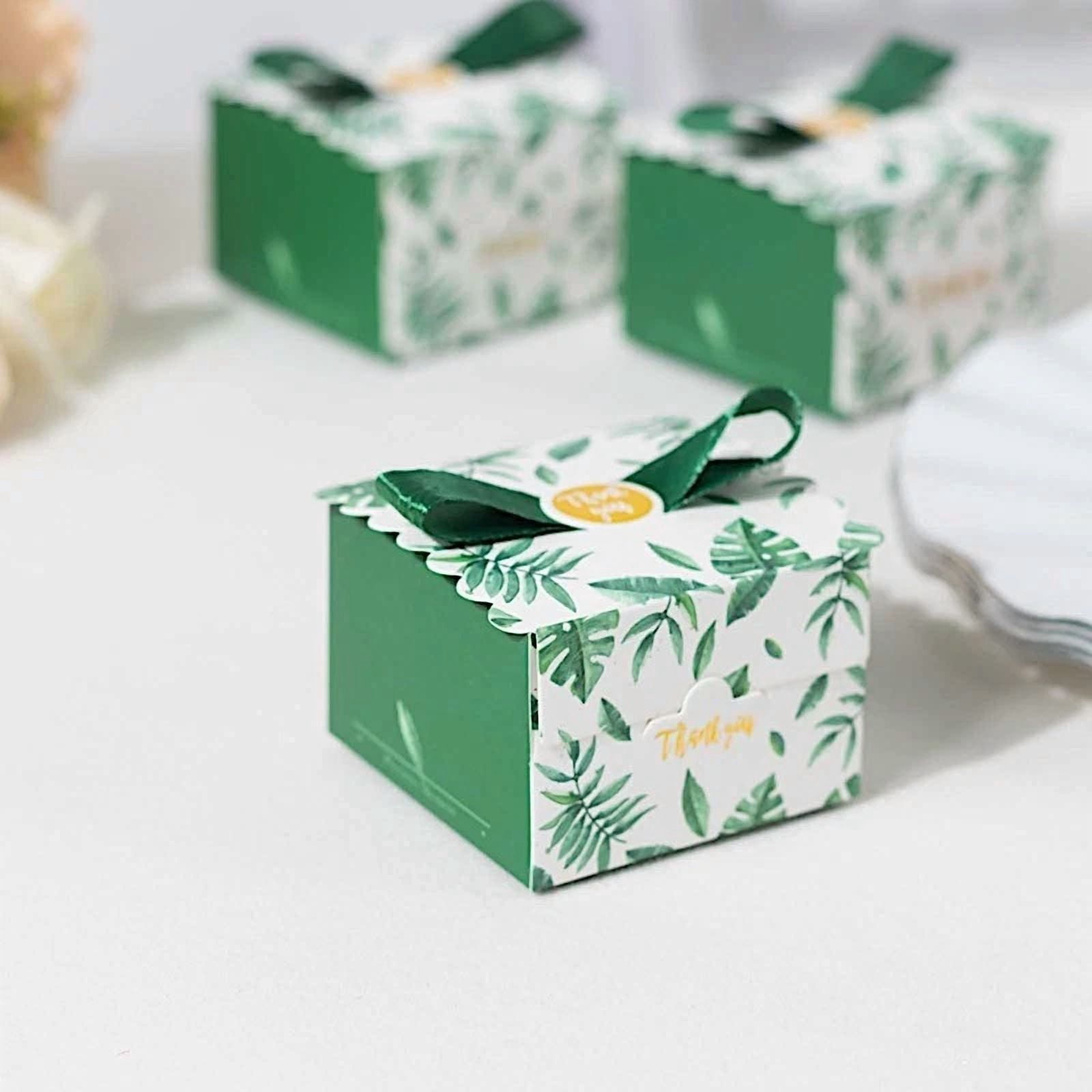 25 Green Monstera Leaf Print Favor Gift Boxes Satin Ribbon Bow Party Decorations