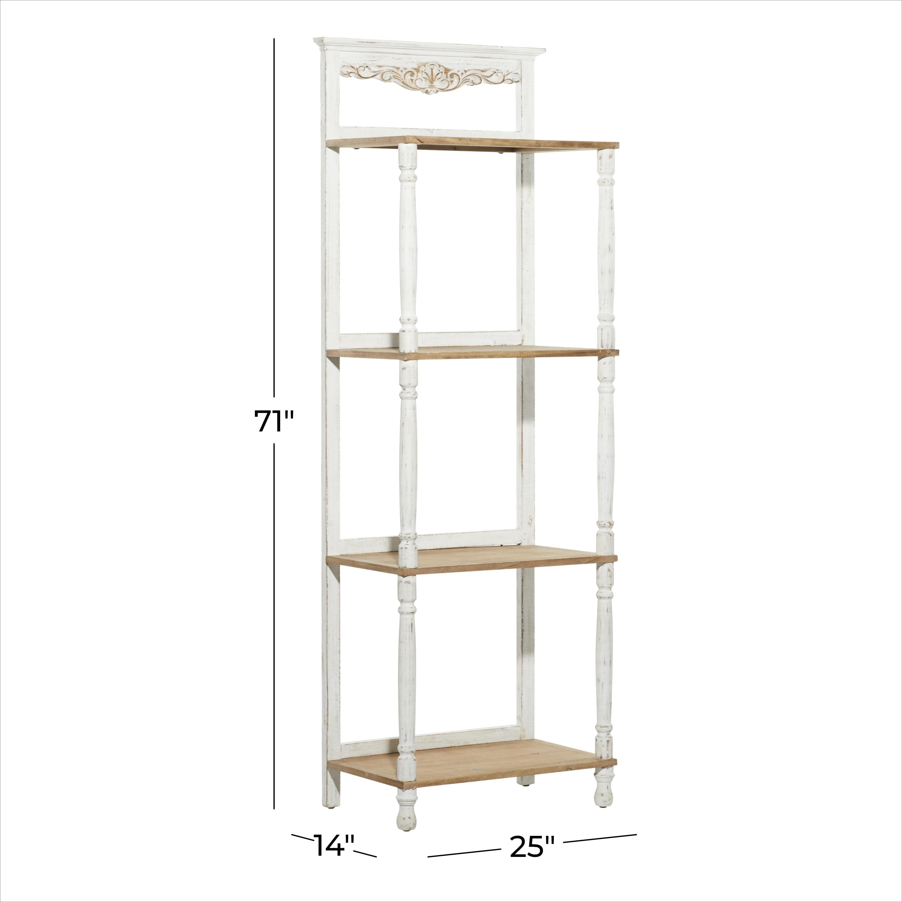 DecMode 25" x 71" White Wood Floral Intricately Carved 4-Tier Shelving Unit, 1-Piece