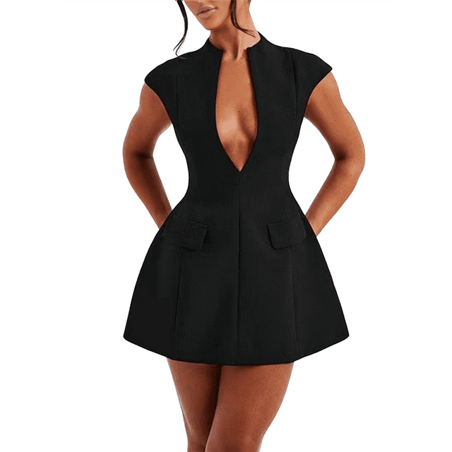 Robe d'Été pour Femme Aguichant à Manches Cap, Décolleté en V Profond, Fermeture Éclair, Ligne A, Mini, Moulante Ajourée, Robe de Soirée