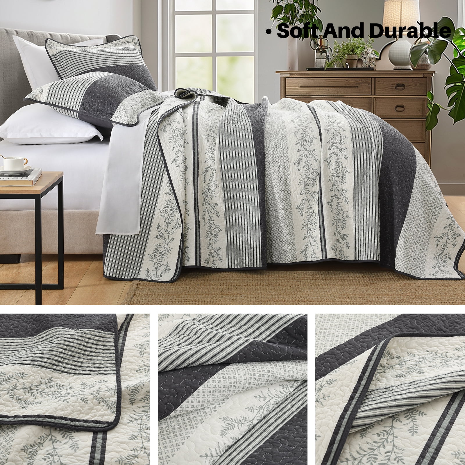 Bedduvit White Gray Floral Striped Quilt Queen, 100% Organic Cotton Queen Size Quilted Bedspread Set with 2 Shams, Botanical Vintage Lightweight Reversible 3-Piece Coverlet Bedding Set, 98"x90"