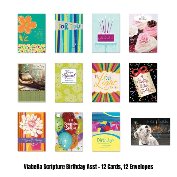 Viabella Scripture Birthday Card Asst - 12 Cards, 12 Envelopes