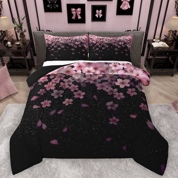 Homewish Cute Cartoon Sakura Bedding Comforter Set,Japanese Cherry Blossom Twin Comforter Sets,Pink Black Bedding Set For Girl,Breathable Home Decor Reversible,2 Pieces