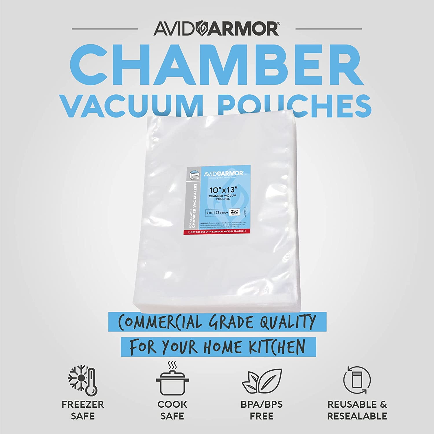 Avid Armor 11x10 Chamber Machine Vacuum Pouches, 3-mil, Pack of 250