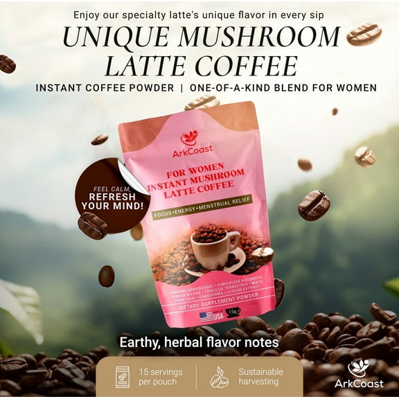 ArkCoast Mushroom Latte Coffee, Caffeine Beans Grounded Added, 15 Count, GMO-Free