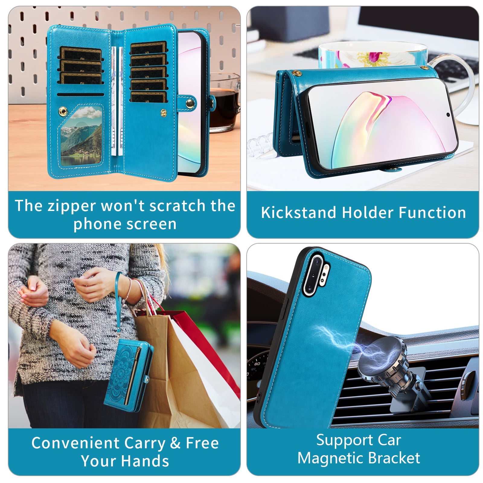 Asuwish Phone Case for Samsung Galaxy Note 10 Plus Note10+ 5G Zipper Wallet Detachable Cell Cover with Screen Protector Strap Flower Flip Card Holder Note10 + Notes 10+ Ten Not S10 10Plus Women Blue