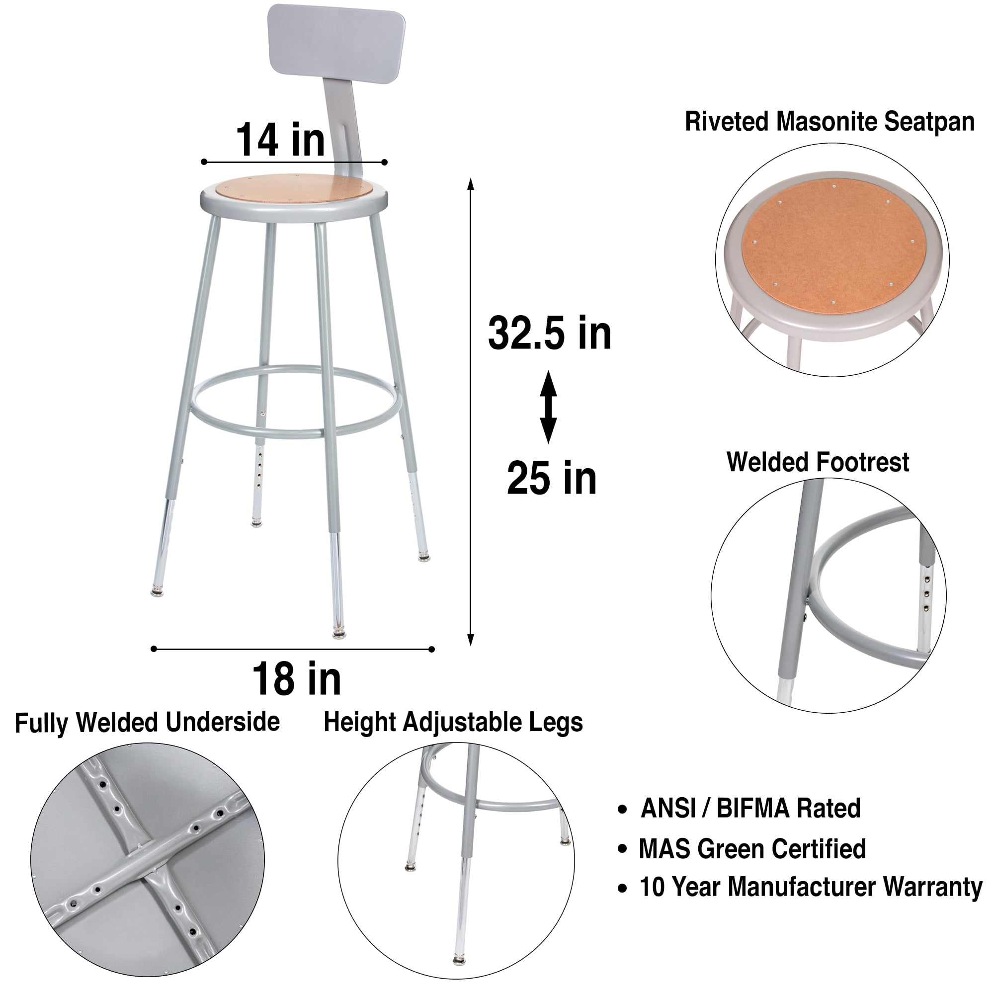Hampden Furnishings Flynn 25"-33" Adjustable Steel Science Stool with Backrest, Grey, 2 Pk