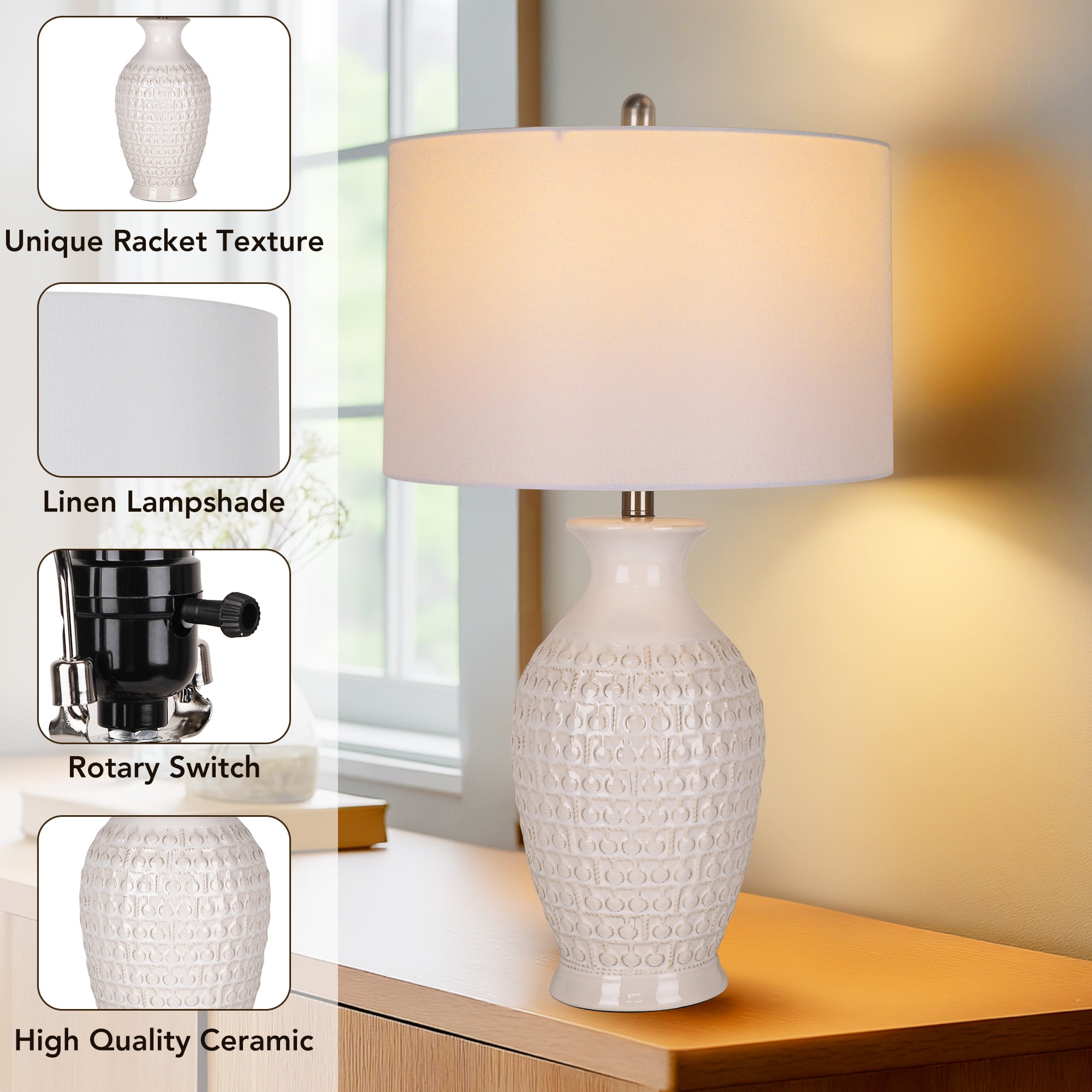28'' Modern Ceramic Table Lamp 1 Pack, Tall Bedroom Lamp Nightstand Lamp with Bulb