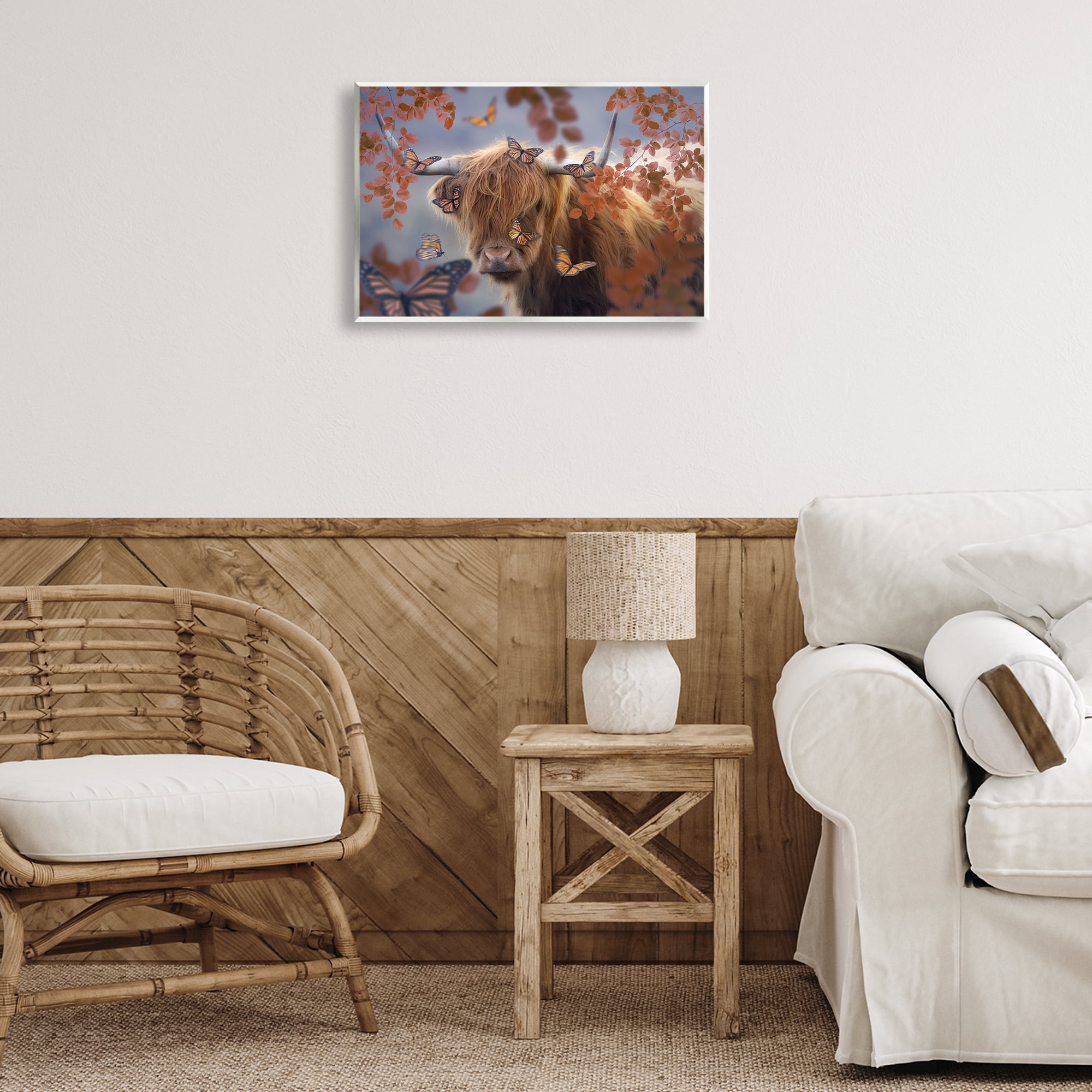 Stupell Industries Monarch Butterflies & Cattle Animals Painting Unframed Art Print Wall Art, 19 x 13