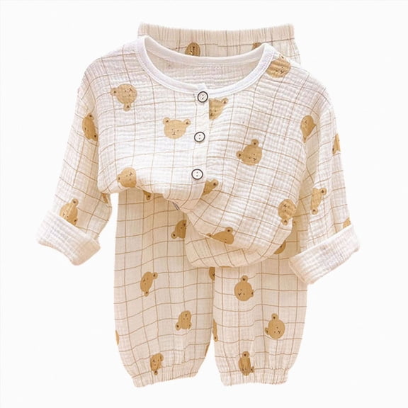 felwors Toddler Baby Girl Cotton Linen Button-up Pajamas Bear Print Long Sleeve Kid Sleepwear PJs Set(18-24 Months,Coffee)