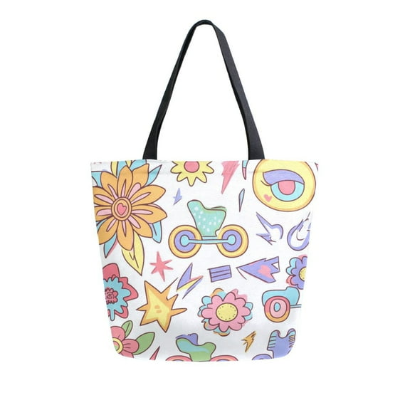 Durable Canvas Tote Bag with Zip Pocket Bags for Woman Shoulder Versatile Carryall for Everyday Use Roller Skates and Flowers