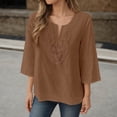 thumbnail image 2 of QHFBli Linen Shirts for Women Loose 3/4 Sleeve Lace V Neck Tops Casual Western Three Quarter Sleeve Tops Boho Fashion, 2 of 5
