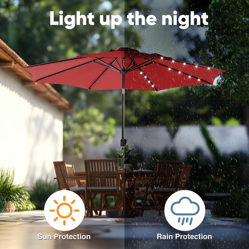 Gianna 10ft Solar Polyester 32 LED Lighted Patio Umbrella with Tilt Adjustment and UV-Resistant Fabric,Red