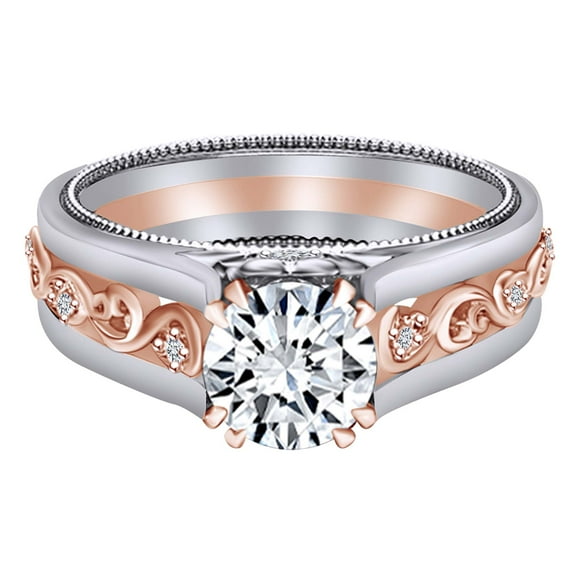 AFFY 1.36 Carat Round Shape Moissanite & Natural Diamond Engagement Ring 14K Solid White Gold Ring Size-5