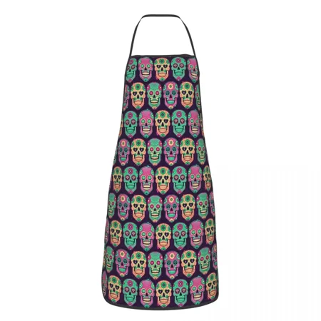 

Unisex Sugar Skulls Flower Apron Kitchen Chef Cooking Baking Bib Men Women Day Of The Dead Tablier Cuisine for Painting