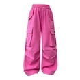 thumbnail image 4 of CPNG Girls Casual Cargo Jeans Teen Girls Wide Leg Straight Solid Color Pants Daily Elastic High Waisted Denim Trousers(Hot Pink,15-16 Years), 4 of 7
