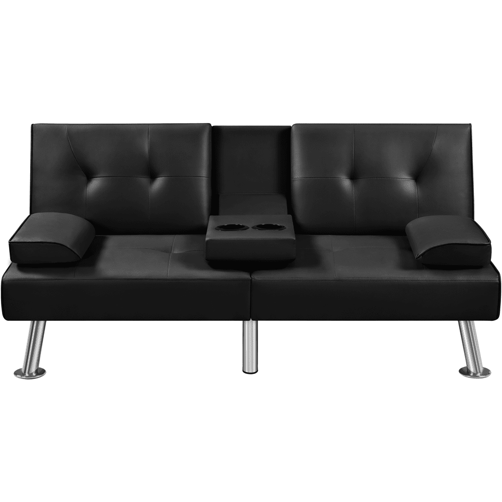 Renwick Modern Faux Leather Futon Sofa Bed Convertible Folding Couch with Cup Holders, Black