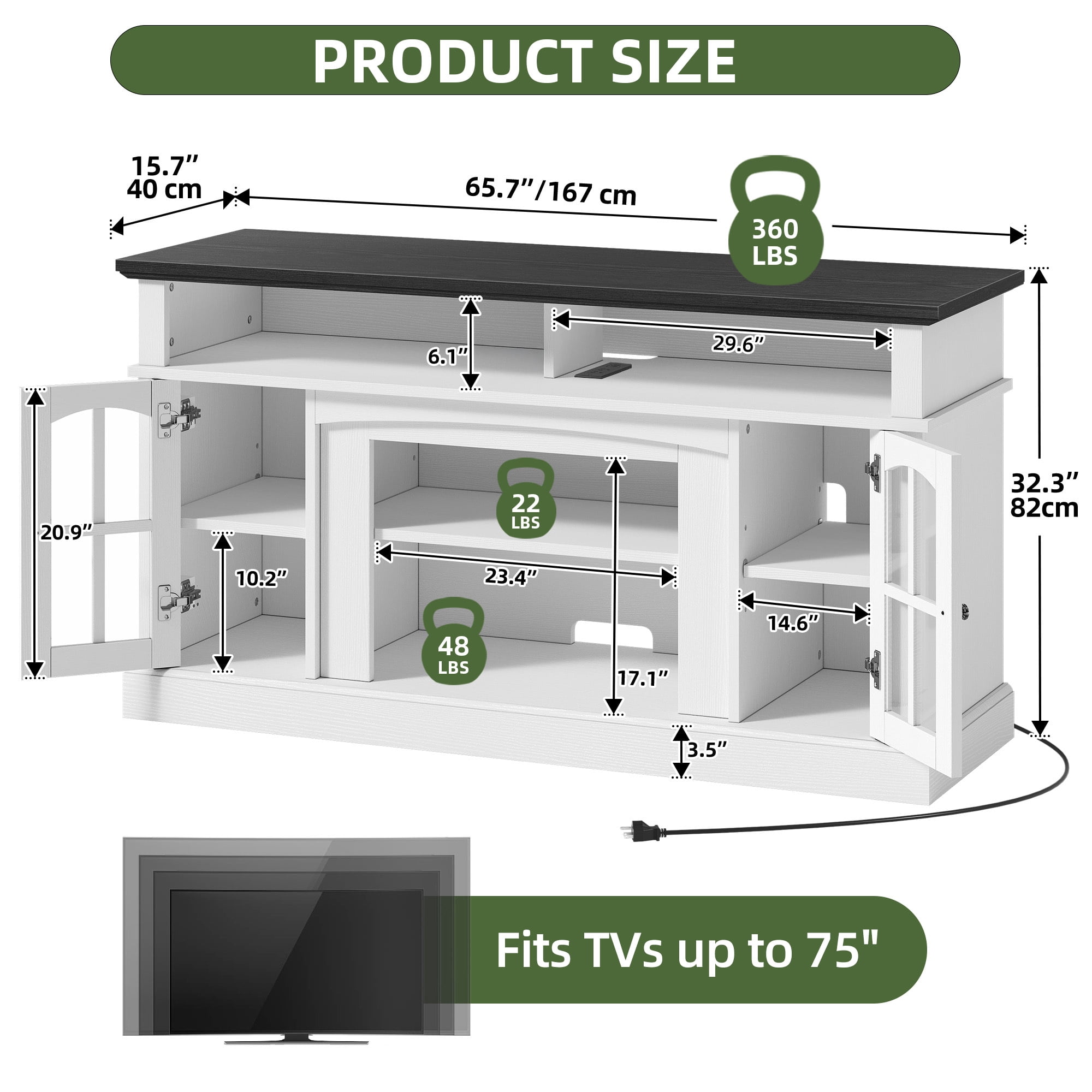 Uforic 66" Farmhouse TV Stand with LED Lights & Power Outlets, Tempered Glass Doors, Adjustable Shelves for Living Room for 75" TV, White