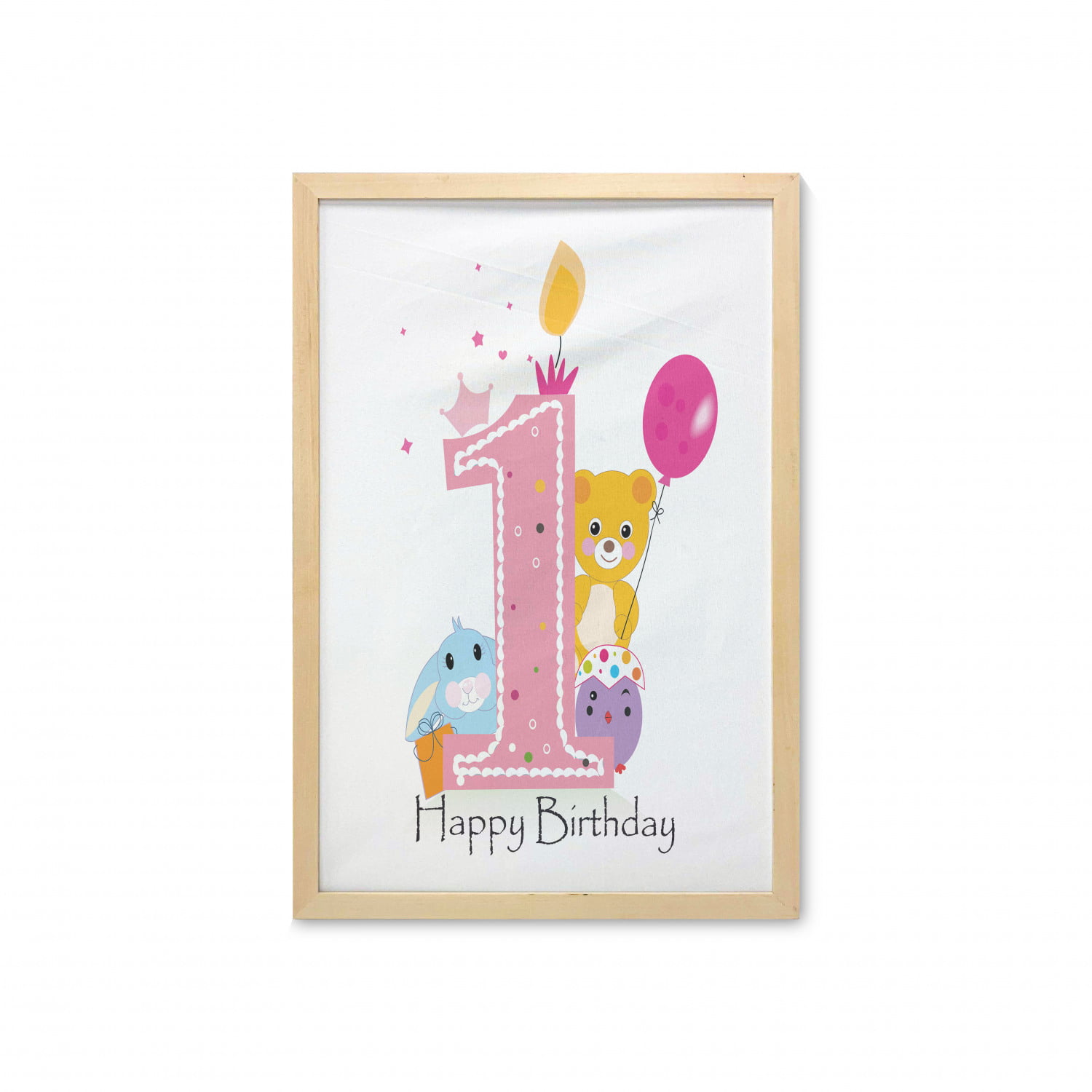 1st Birthday Wall Art with Frame, Cartoon Girl and Party Cake with Candle  Teddy Bear Toy Print, Printed Fabric Poster for Bathroom Living Room Dorms,  23