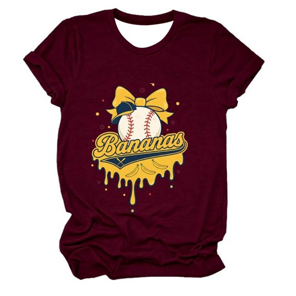 Wang6 Womens Trendy Plus Size Graphic T Shirts Summer Short Sleeve Loose Tops Causal Baseball Bananas Printed Crew Neck Tees 0624liWine XL