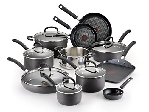 T-fal E765SH Ultimate Hard Anodized Scratch Resistant Titanium Nonstick Thermo-Spot Heat Indicator Anti-Warp Base Dishwasher Safe Oven Safe PFOA Free Cookware Set, 17-Piece, Gray