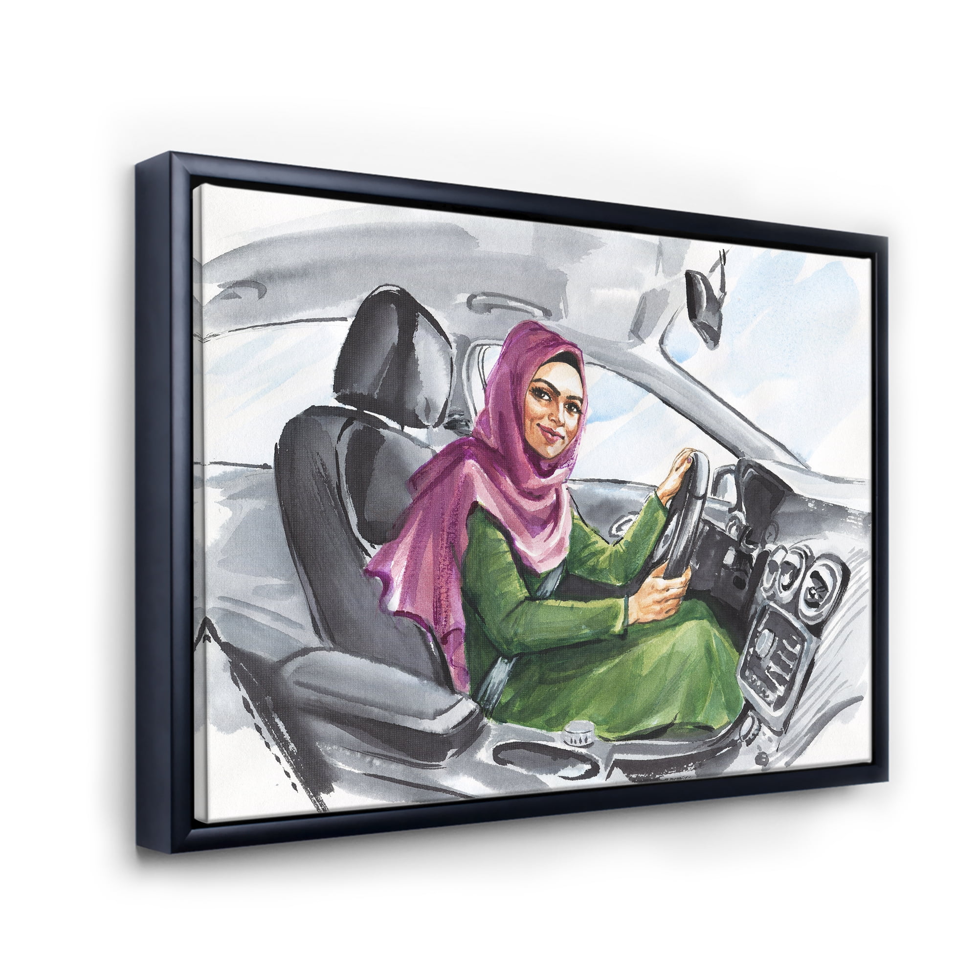 Designart 'Arabian Lady Driving A Car II' Modern Framed Canvas Wall Art Print