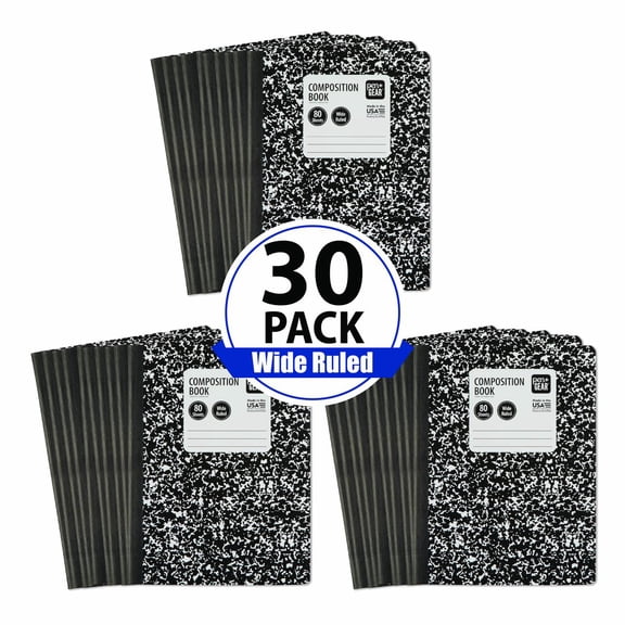 Pen+Gear Wide Ruled Composition Book, 7.5" x 9.75", Black and White Marble, 80 Sheets, 30 Count Pack