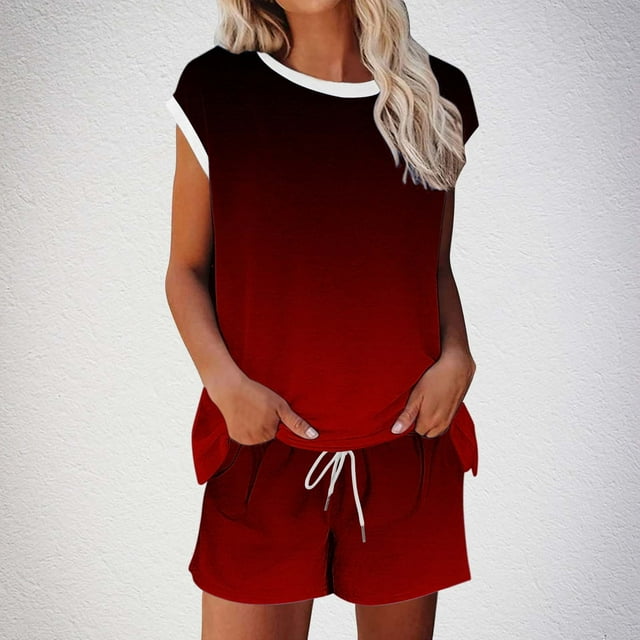 Aqestyerly Sleeveless Drawstring Set,Women Casual Printed Round Neck Top and Drawstring Pants Set for Daily Wear/Red(L)