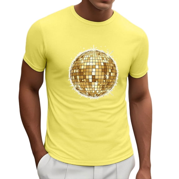 IWRICH Men's Disco Graphic Printed Crew Neck T Shirts Short Sleeve Casual Tees Mardi Gras Tops Yellow XL