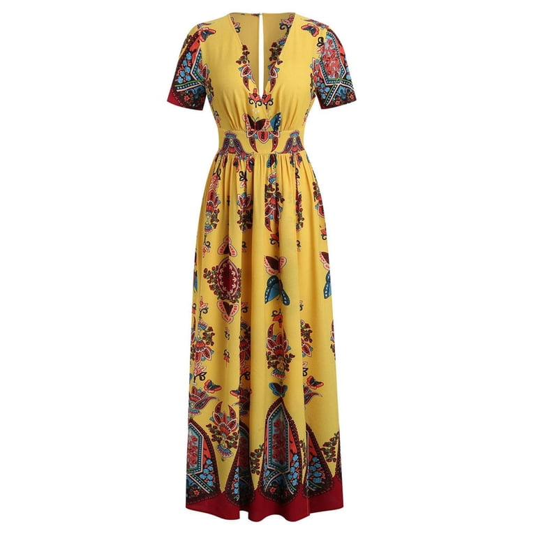 Usmixi Dresses for Women Plus Size Vintage Empire Waist Pleated Slit Swing A Line Party Long Dresses Short Sleeve V-Neck Butterfly Print Summer Maxi