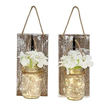 Rustic Mason Jar Sconces for Home Decor 6 Hours Timer Decorative Flower Wall Decor with LED Strip Lights, Silk Hydrangea,...