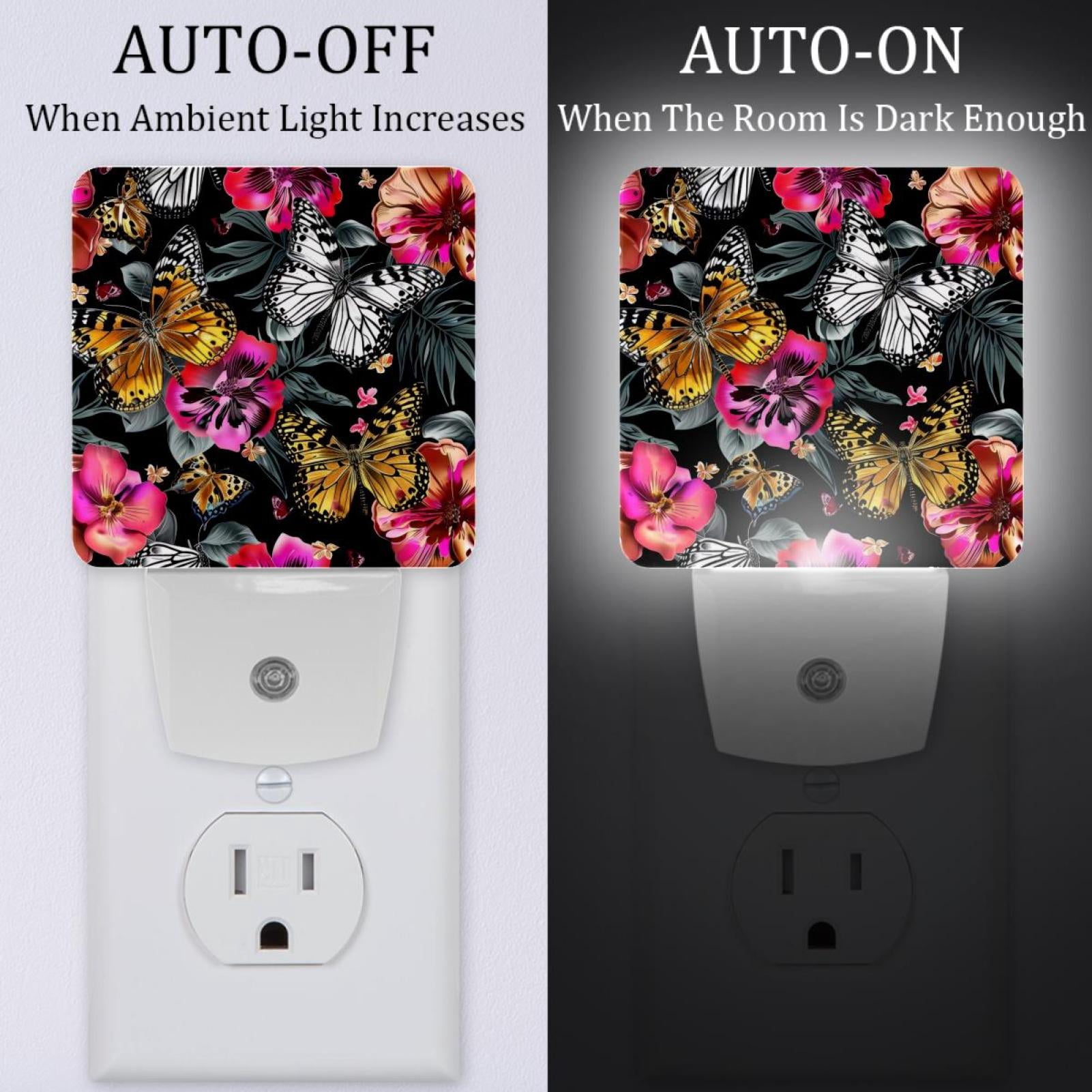 PhooArto Butterflies Flowers Leopard Spots Plug in LED Night Light Auto Sensor Dusk to Dawn Decorative Night for Bedroom, Bathroom, Kitchen, Hallway, Stairs, Baby's Room, Energy Saving