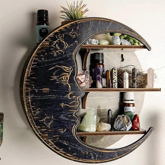 Wall Mounted Moon Crystal Display Storage Wall Decor Wood Shelves