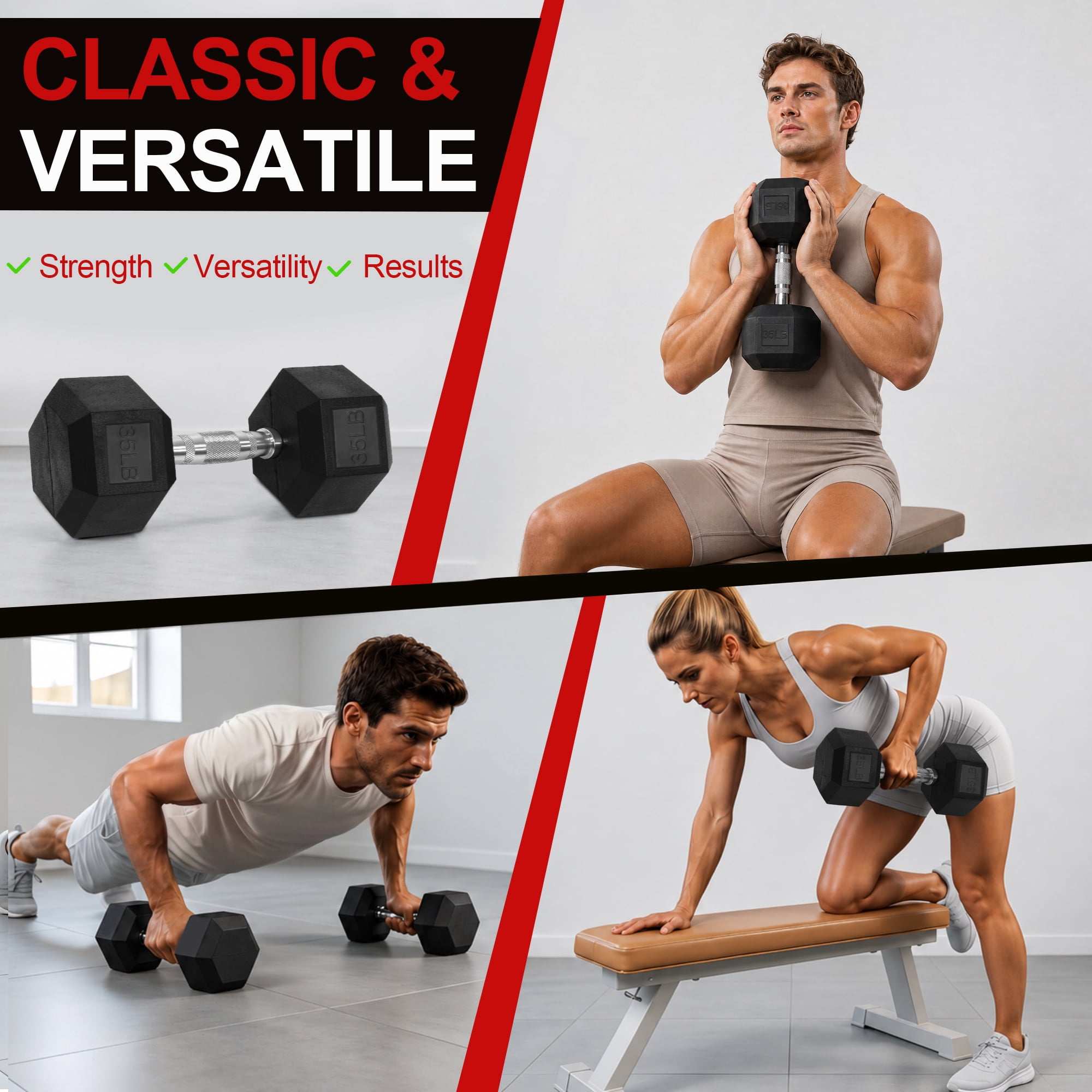 Flexwave 35 LB Rubber Hex Dumbbell with Non-Slip Grip for Home Gym Strength Training-Single