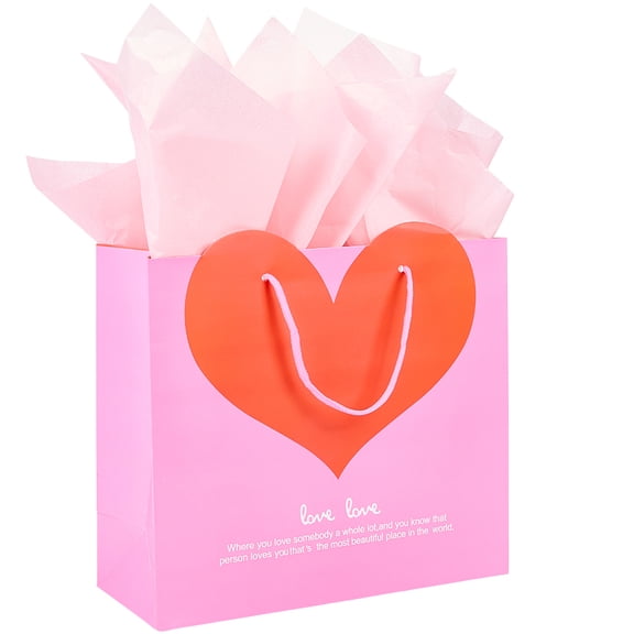 4.76 x 12.01 x 11.22 Inch Present Bag and Tissue Paper Pink Heart Gift Bags with Handles Large Romantic Valentines Packaging for DIY