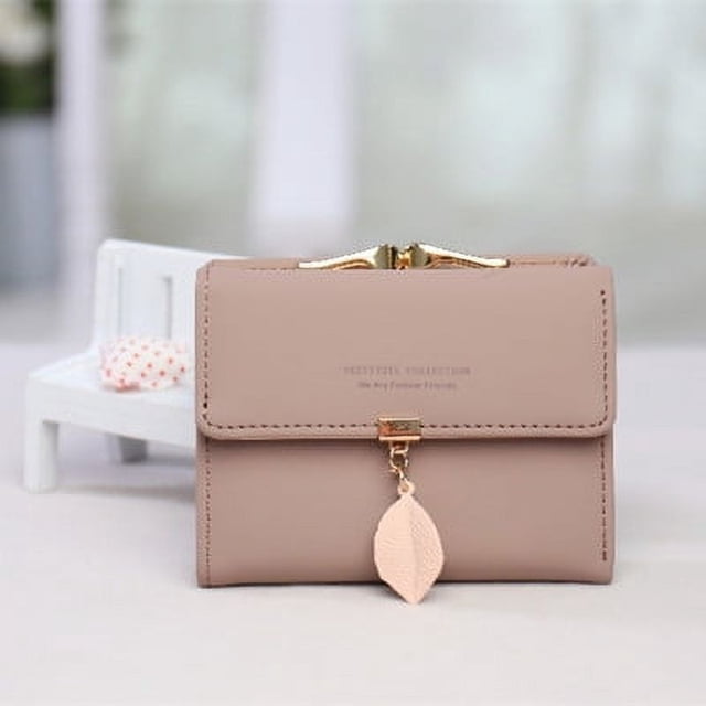 Cartera corta para mujer, de PU, con colgante de hoja, bolso de tres pliegues, monedero para mujer