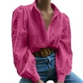 thumbnail image 4 of Lenpel Button down Shirts for Women Trendy Long Sleeve Collared Hollow out Embroidered Tops Dressy Casual Blouses(Hot Pink,Medium), 4 of 7