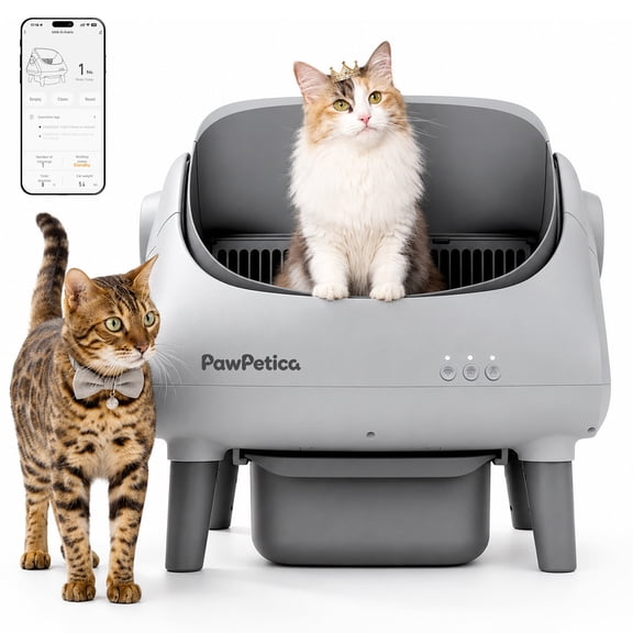 PawPetica Automatic Cat Litter Box Self Cleaning, Large Litter Box for Multiple Cats, Ultra-Quiet with Advanced Odor Control, Safety Sensors, App Control, Gray