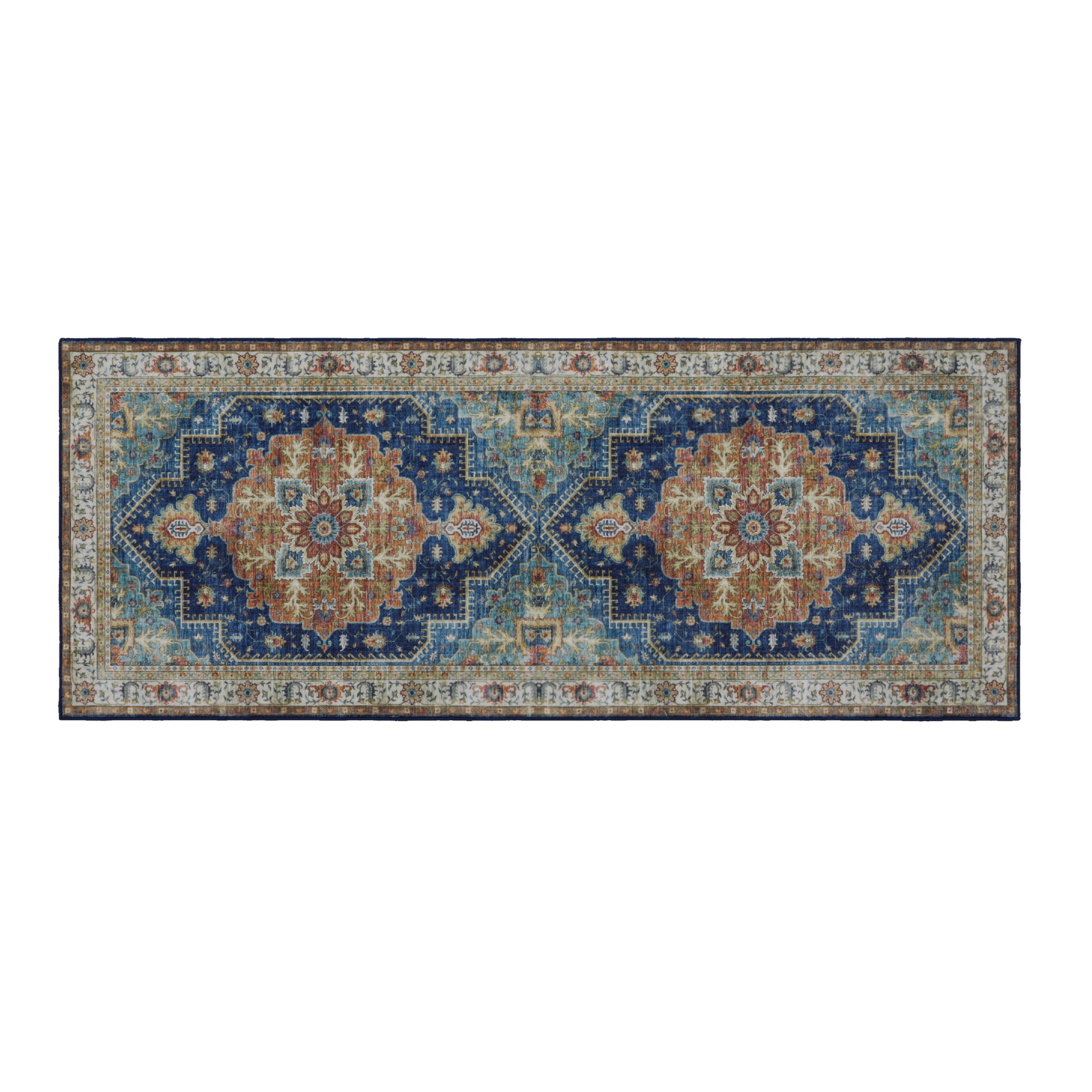 Washable Skid-Resistant Runner Rug Geometric Blue Multi 24" x 60"