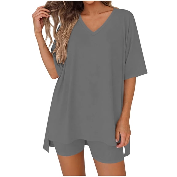 XUNKUSGA Short Sets for Women Casual Loose 2 Piece Sets for Women Summer Classic Soild Color Oversized V Neck T Shirts Tops Biker Shorts Matching Sets,Gray,S