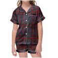 thumbnail image 1 of Odeerbi 2-12 Años Niños Niñas Pijama de Verano de Satén Con Solapa de Muesca Camisas de Manga Corta Pantalones Cortos Conjunto Suave Estampado Retro de Cuadros Ropa de Dormir, 1 of 6